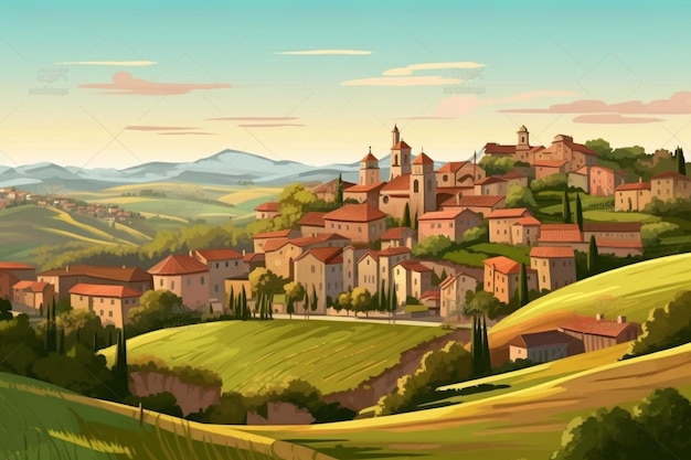 Un paysage avec un village et des collines.