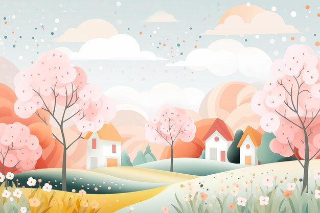 Paysage de village de printemps pastel avec des arbres et des maisons roses