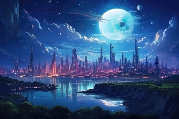 Photo paysage de la ville futuriste du futur dans le style anime