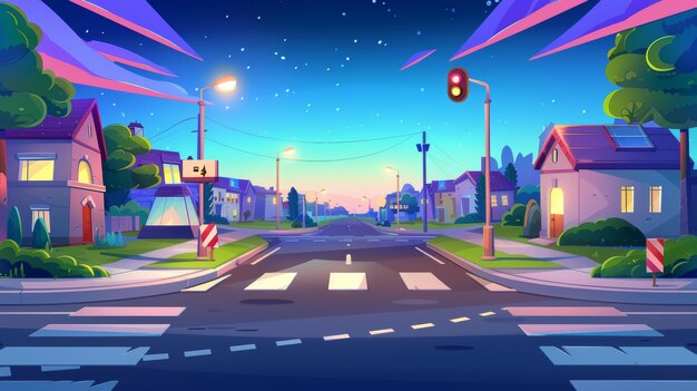 Un paysage de ville vide au crépuscule de dessin animé avec des maisons, une route avec un passage pour piétons et des piétons sous les lampadaires