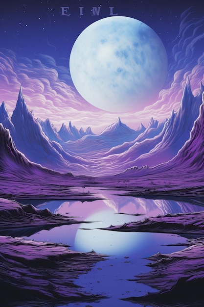 un paysage violet avec une lune dans le ciel