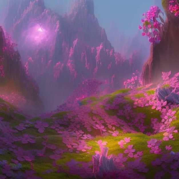 Un paysage violet avec une montagne et une fleur violette.