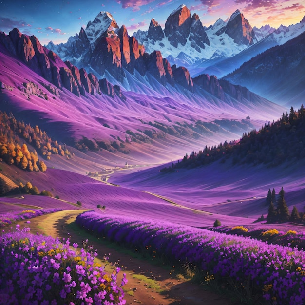 paysage violet avec des montagnes