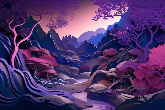 Un paysage violet avec une rivière et des montagnes en arrière-plan.