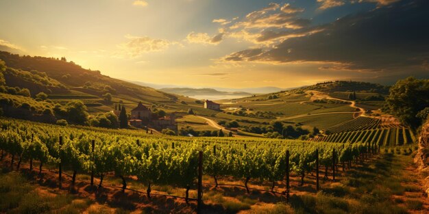 Photo paysage viticole avec un ancien bâtiment viticole sur une colline au coucher du soleil rangées de raisins ia générative