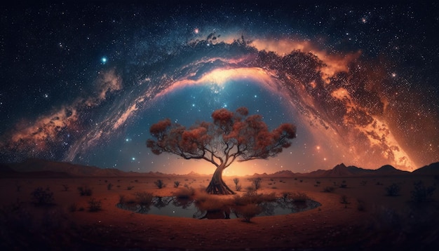 Paysage avec voie lactée arbre mystique et étoiles dans le ciel Generative AI