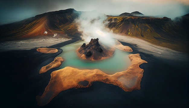 Un paysage avec un volcan au milieu du désert.