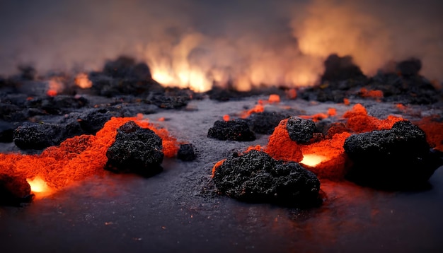 Paysage volcanique apocalyptique avec coulée de lave chaude et nuages de fumée et de cendres Illustration numérique