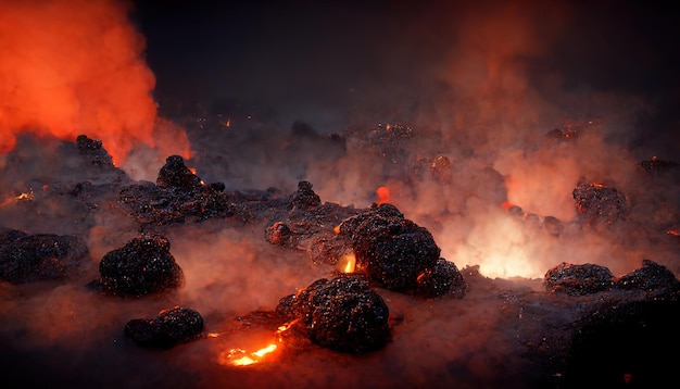 Paysage volcanique apocalyptique avec lave chaude et nuages de fumée et de cendres illustration 3D