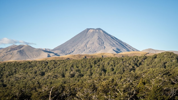 Paysage volcanique simple avec un grand cône volcanique dominant au centre de la Nouvelle-Zélande