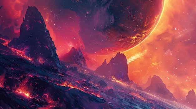 Le paysage volcanique sous un ciel cramoisi