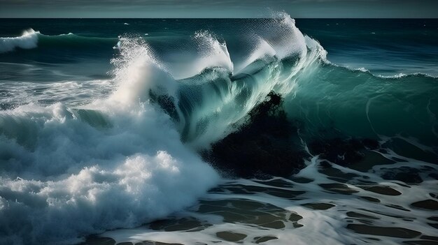 Photo des paysages aquatiques mystiques des vagues de mer pittoresques des nuages de rêve et de la mousse tourbillonnante