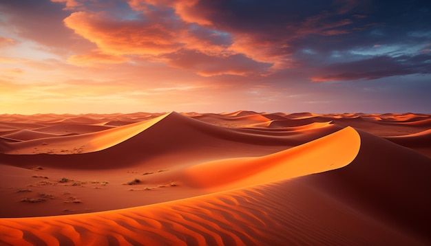 Photo des paysages arides, des ondulations de sable, un coucher de soleil majestueux généré par l'ia.