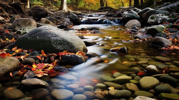 Photo des paysages d'automne époustouflants, des ruisseaux de montagne avec des rochers et des feuillages automnaux