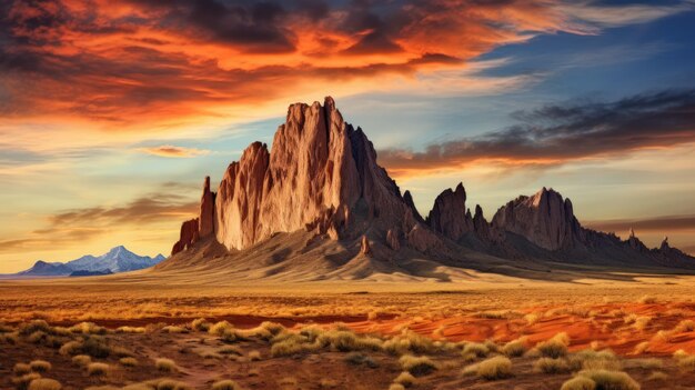 Photo des paysages dorés du désert avec ship rock au coucher du soleil avec un beau ciel générer une image ai