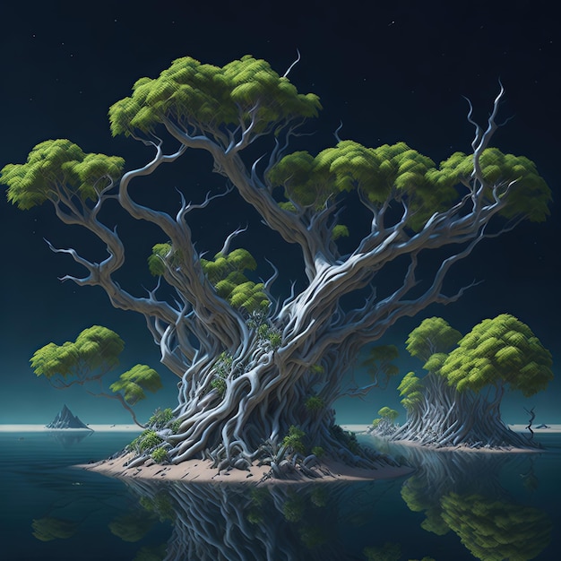 Paysages fantastiques arbres lumineux la lune en arrière-plan rivières et eau