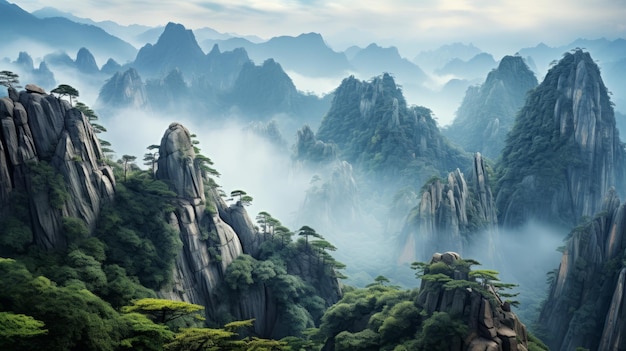 Paysages fantastiques exotiques montagnes chinoises couvertes de brouillard