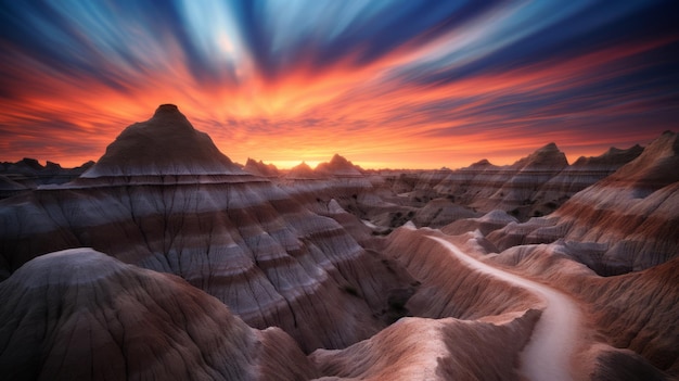 Paysages fantastiques surréalistes Parc national des Badlands Lever du soleil avec une longue exposition