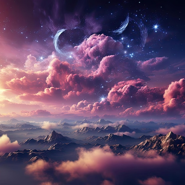 Des paysages fantastiques vibrants avec des nuages roses et des étoiles