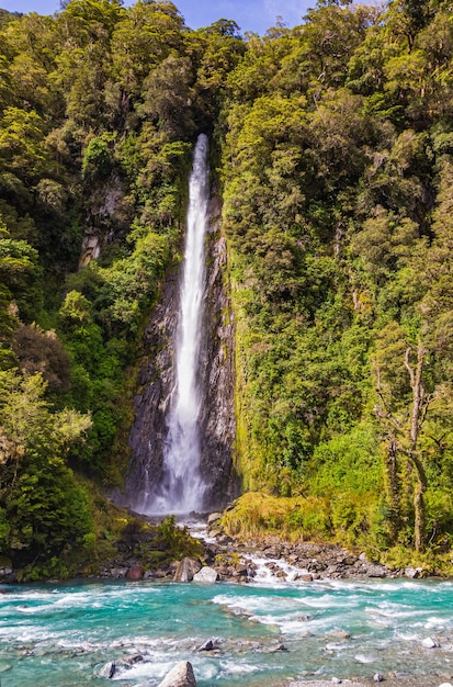 Photo paysages de l'île du sud petite cascade parmi la verdure de la nouvelle-zélande