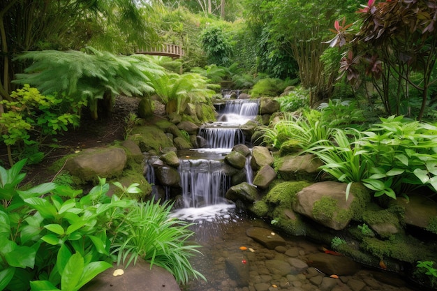 Paysages de jardins luxuriants avec cascade et ruisseau entourés de verdure