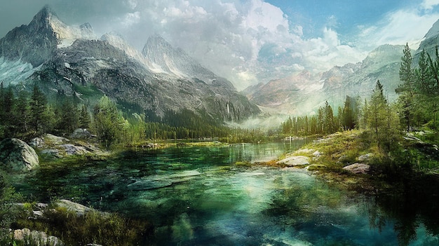 Des paysages majestueux de lacs de montagne un lac alpin tranquille niché au milieu de sommets imposants et de forêts luxuriantes reflétant un ciel vibrant