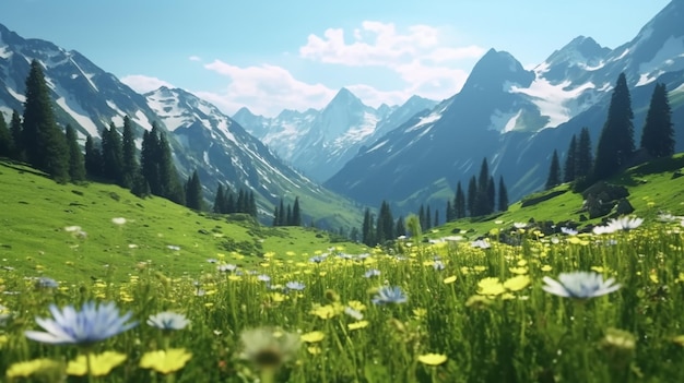 Des paysages montagneux idylliques dans les Alpes avec des prairies en fleurs au printemps