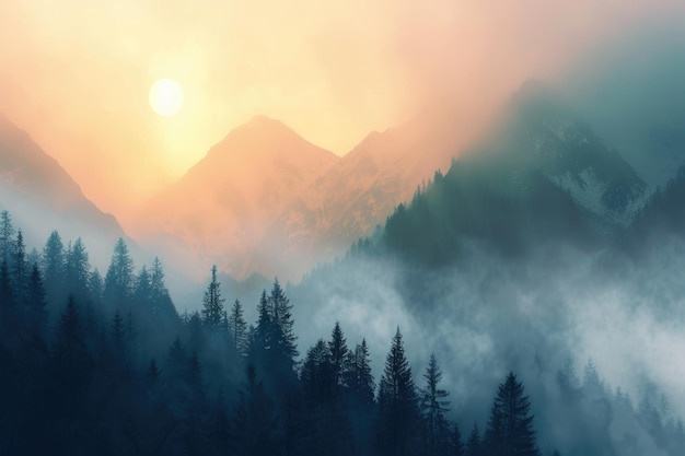 Des paysages naturels étonnants, des montagnes sous la brume du matin.