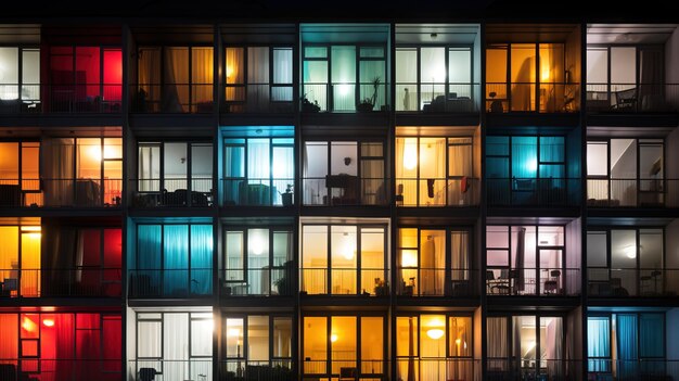 Photo des paysages nocturnes colorés des fenêtres et des balcons lumineux illuminent la vue de face d'une construction résidentielle