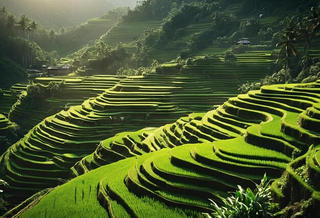 Les paysages paisibles d'une luxuriante rizière en terrasses dans une belle région vallonnée