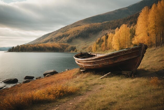 Des paysages paisibles vieux bateau de pêche rouillé sur la pente le long de la rive du lac