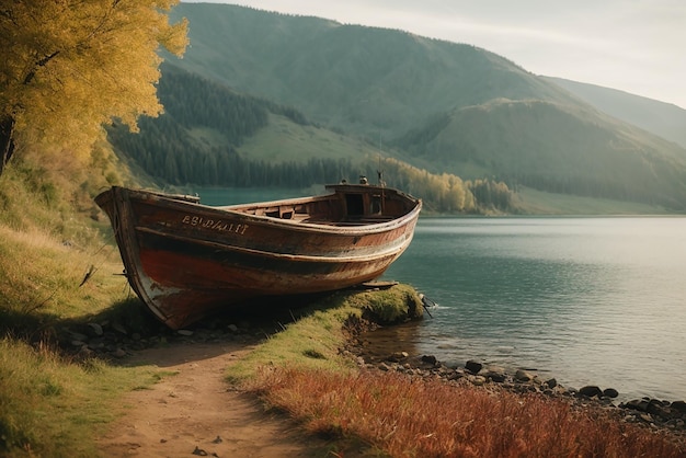 Des paysages paisibles vieux bateau de pêche rouillé sur la pente le long de la rive du lac