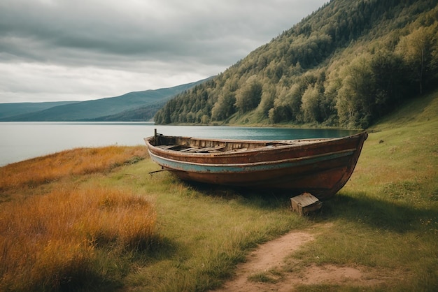 Des paysages paisibles vieux bateau de pêche rouillé sur la pente le long de la rive du lac