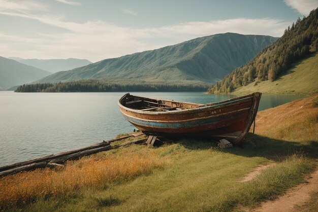 Des paysages paisibles vieux bateau de pêche rouillé sur la pente le long de la rive du lac