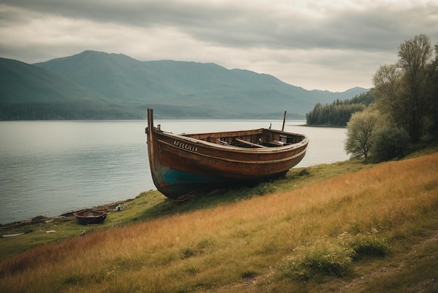 Des paysages paisibles vieux bateau de pêche rouillé sur la pente le long de la rive du lac