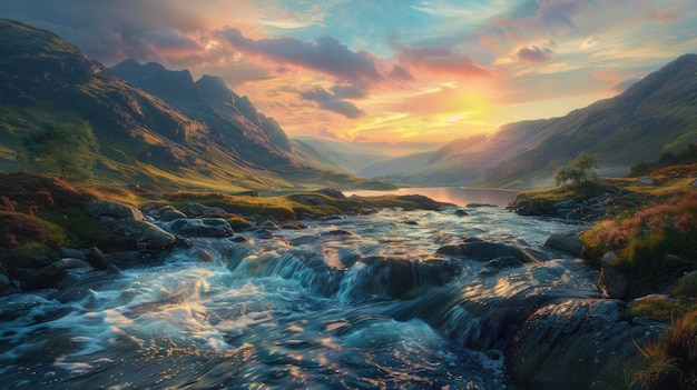 Photo paysages pittoresques de montagnes et de rivières au pays de galles avec une belle vue sur le coucher de soleil et des nuages dans le ciel bleu