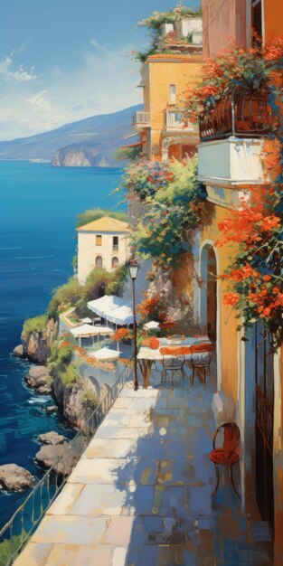 Paysages romantiques italiens Peinture de balcon vibrante avec le charme de la côte