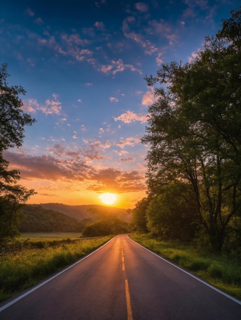 Des paysages routiers en naturel avec le soleil du matin beau ciel génératif ai art d'illustration