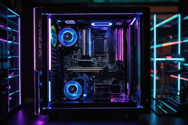 PC de jeu éclairé en couleurs néon