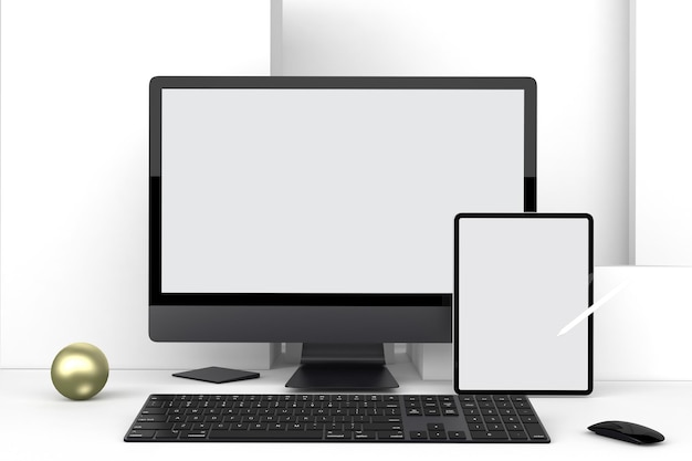 PC et tablette face avant en fond blanc