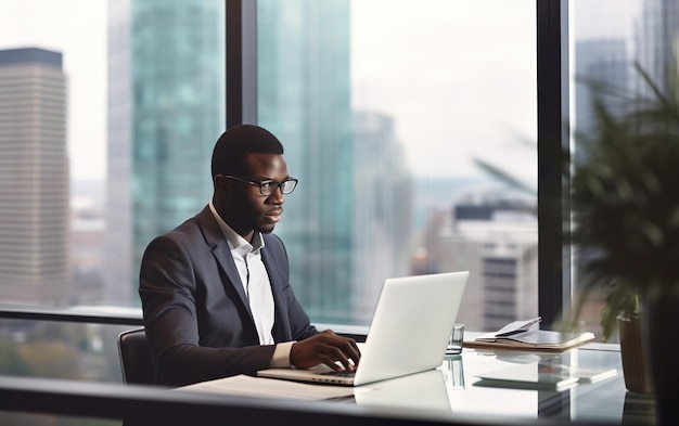 Un PDG afro-américain prospère assis à son bureau avec un ordinateur portable