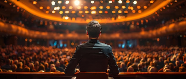 Un PDG influent prononce un discours inspirant lors d'une conférence de l'industrie captivant le public