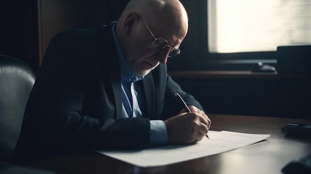 PDG Male Caucasian Middleaged Mature Signing documents at his desk in Office Generative AI AIG22