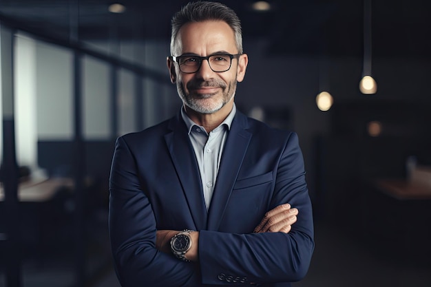 Un PDG souriant, un homme d'âge moyen satisfait se tient dans le bureau, les bras croisés, le succès incarné par l'IA générative.