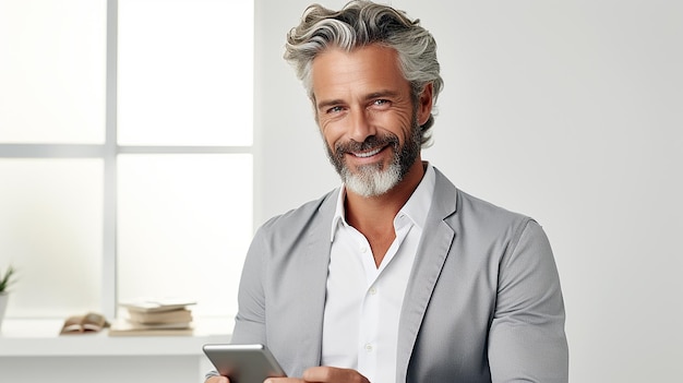 Photo un pdg souriant avec une tablette dans son bureau, un entrepreneur confiant analysant un rapport.