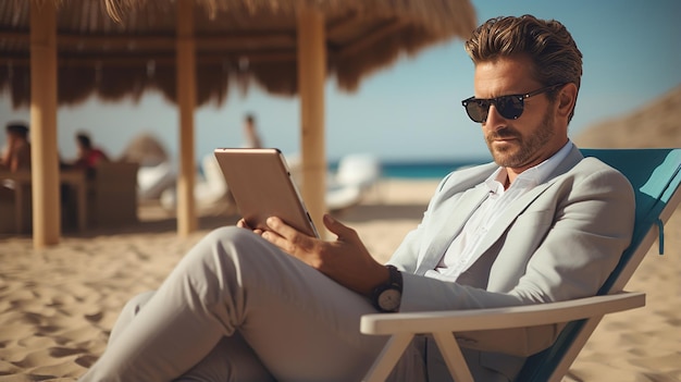 un PDG de startup avec une tablette sur la plage