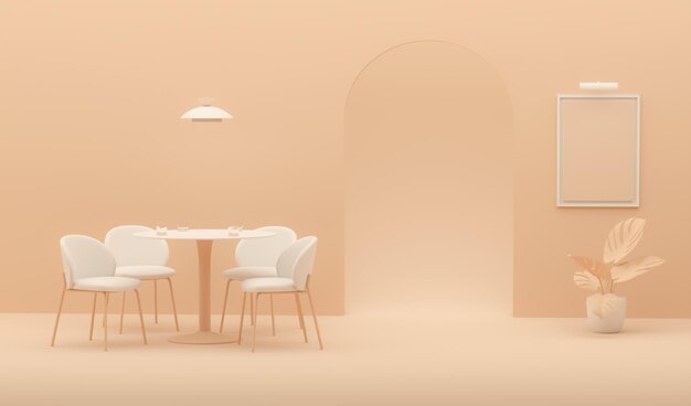 Peach fuzz 2024 couleur tendance salon avec table circulaire et cadre de porte de lampe sur le mur