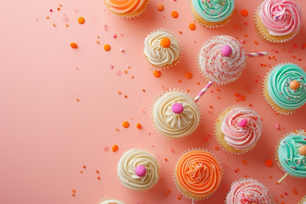 Peach Fuzz dessus de table sur fond de pêche avec des sucettes et des cupcakes décorés fête d'anniversaire pour enfants