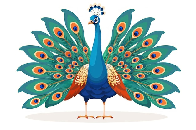 Peacock de dessin animé majestueux affichant un tableau de plumes colorées dans le style vectoriel