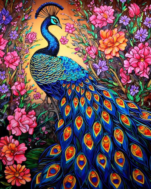 Peacock en vitraux dans le style de la fleur d'oiseau